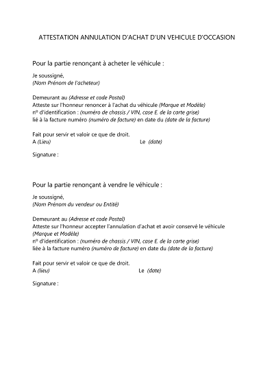 Annulation vente - Attestation d’annulation de vente de véhicule