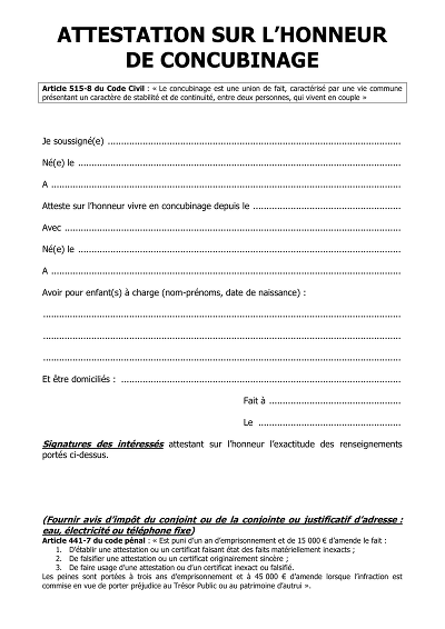 Attest Concubinage - Atteste vie en concubinage, avec enfants à charge