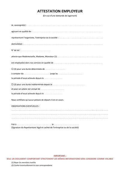 Attest. employeur - Certifie l’emploi en vue d’une demande de logement