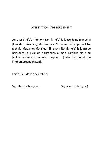 Hébergement gratuit - Modèle d’attestation pour hébergement à titre gratuit.