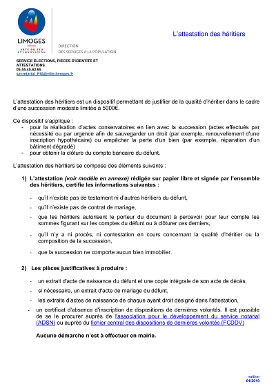 Attest. héritiers - Modèle d’attestation des héritiers sans notaire