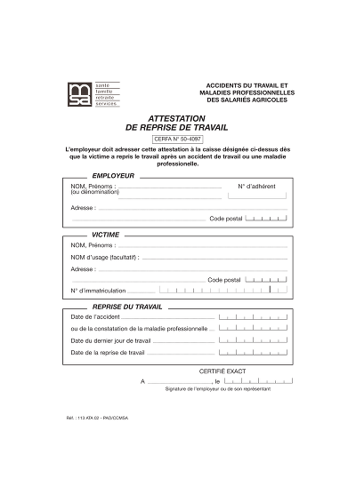 Attest reprise AT/MP - Formulaire CERFA pour reprise après AT/MP