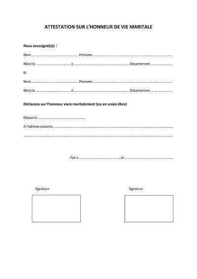 Attest. Vie Maritale - Attestation sur l'honneur vie maritale
