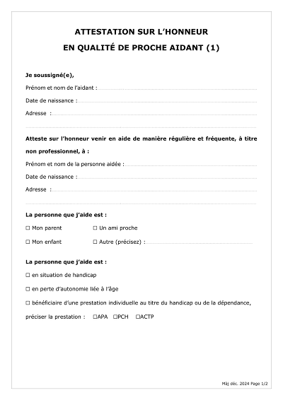 Attestation aidant - Déclaration honorifique d’un aidant familial