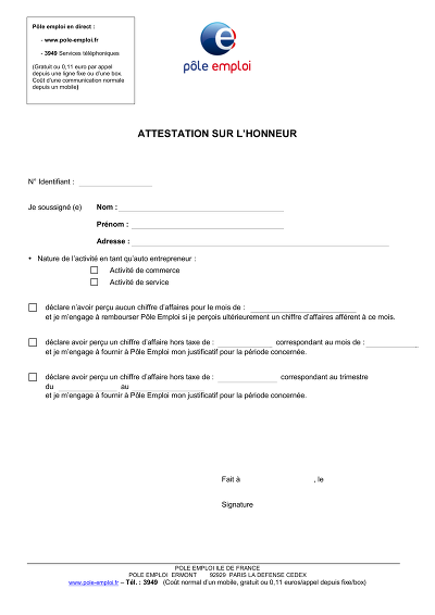 Attestation CA auto-entrepreneur - Déclare CA ou absence de CA Pôle Emploi