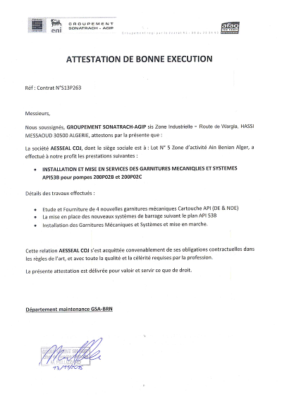 Attestation bonne exécution - Certifie l’exécution conforme de prestations techniques