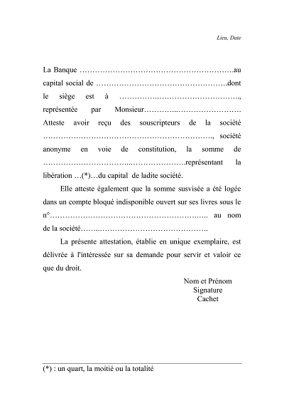 Attestation capital - Certifie libération de capital pour constitution de société