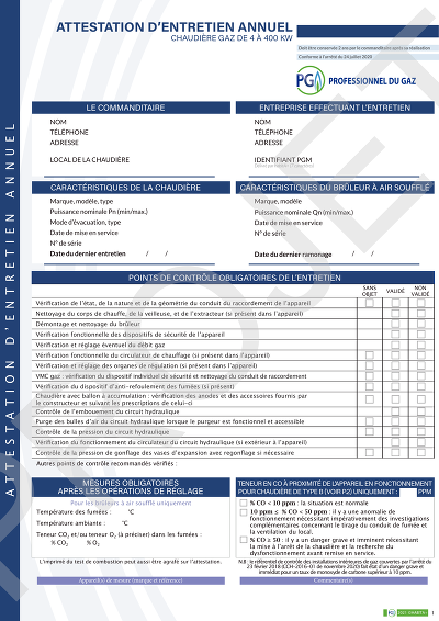 Attestation chaudière - Certificat d’entretien annuel pour chaudière gaz
