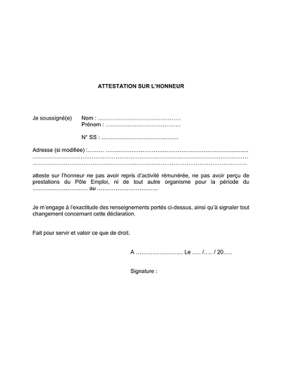 Honneur Non-activité - Atteste absence d'activité et allocations perçues