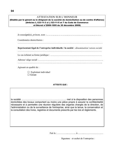 Attestation conformité - Attestation sur l’honneur du représentant légal pour locaux