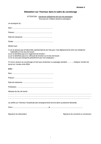 Attestation covoiturage 2024 - Attestation sur l'honneur purement dédiée au covoiturage annuel