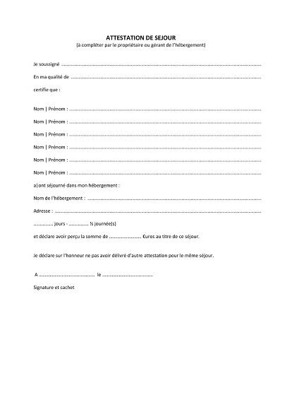 Attestation de séjour - Modèle pour certifier un séjour en location saisonnière.