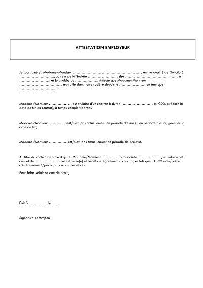 Attestation employeur - Attestation employeur précisant contrat et salaire