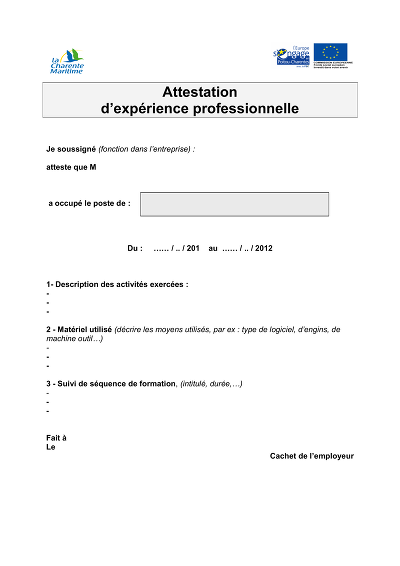Attestation Expér Pro - Certifie la durée et nature d’une expérience pro