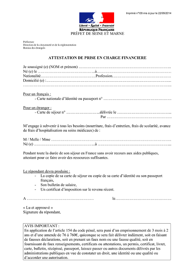 Attestation financière - Formulaire préfectoral de prise en charge
