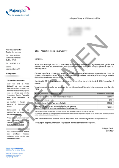Attestation fiscale Pajemploi - Spécimen d'attestation fiscale Pajemploi pour revenu 2013