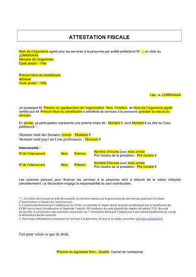 Attestation fiscale SAP - Certifie dépenses services à la personne pour crédit d'impôt