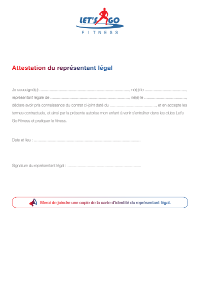 Attestation fitness - Attestation du représentant légal pour pratique en club de fitness