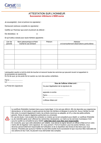 Attestation Honneur - Attestation pour héritiers et porte-fort