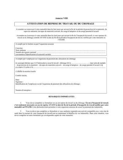 Attestation INAMI - Formulaire mutuelle pour reprise travail