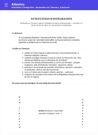 Attestation d'intégration (PDF) - Déclaration sur l'honneur avec témoins et pièces à joindre, à imprimer et signer