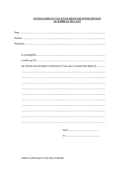 Attestation moralité - Modèle d'attestation pour inscription au barreau de Caen