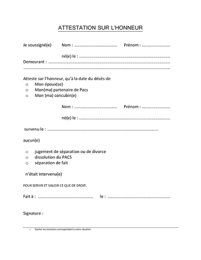 Attestation non dissolution - Modèle d’attestation sur l’honneur de non-dissolution de PACS