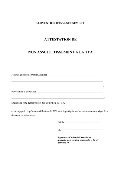 Attestation non TVA - Certifie non-assujettissement à la TVA