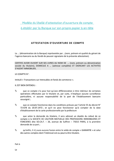 Attestation ouverture - Certifie ouverture d'un compte bancaire