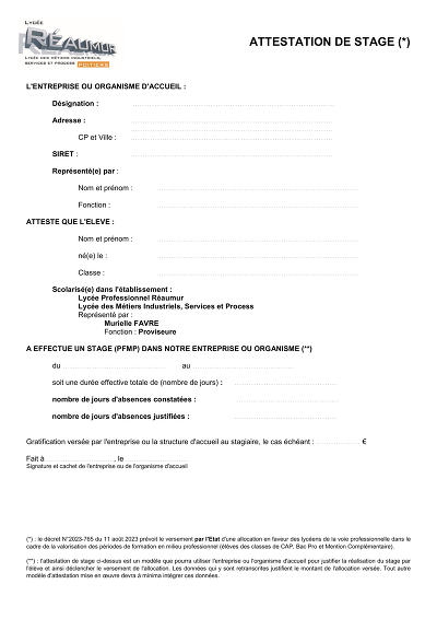 Attestation PFMP - Modèle PFMP pour lycéens en voie professionnelle