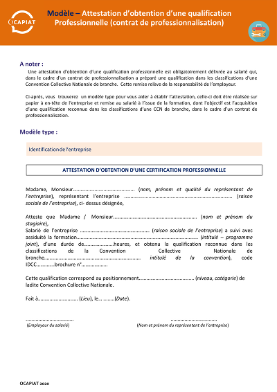 Attestation Qualification - Atteste l’obtention d’une qualification pro