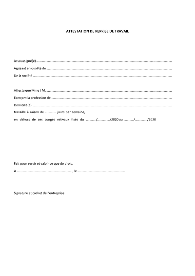 Attestation reprise - Modèle simple d’attestation de reprise