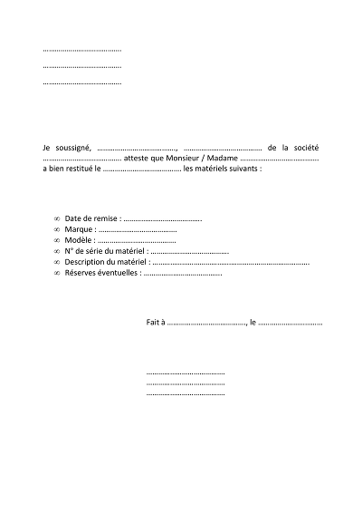 Attestation retour - Attestation de restitution de matériel professionnel.