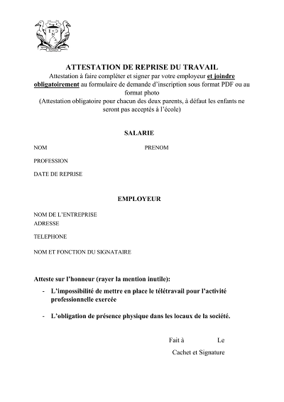 Attestation salarié - Attestation employeur pour inscription scolaire