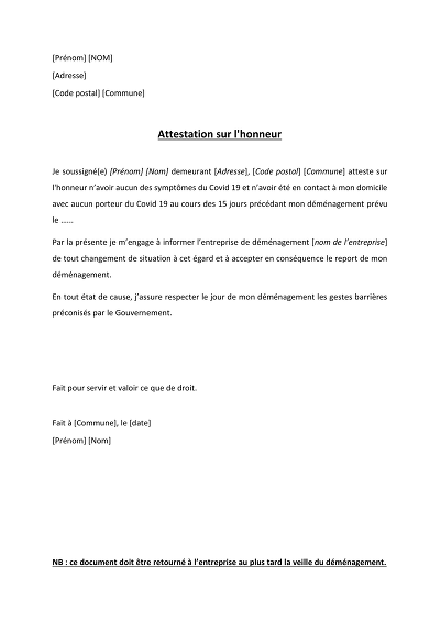Attestation santé déménagement - Certifie l’absence de symptômes Covid pour déménagement