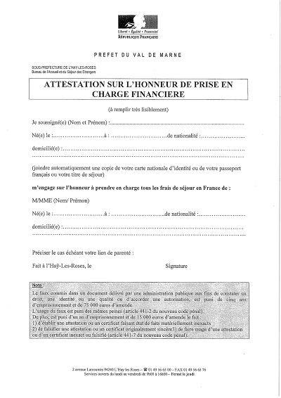 Attestation séjour - Attestation honor de prise en charge séjour