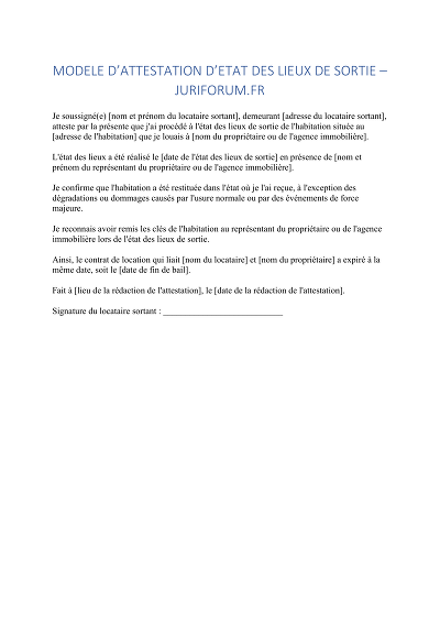 Attestation sortie - Atteste l'état des lieux de sortie du logement