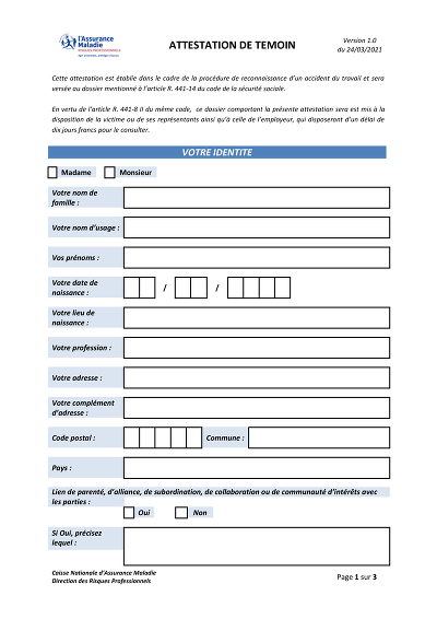 Attestation témoin AT - Formulaire de témoignage d’accident du travail.