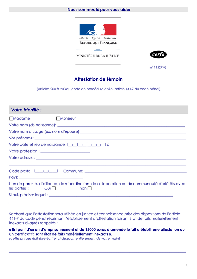 Attestation témoin - Formulaire modèle d’attestation de témoin