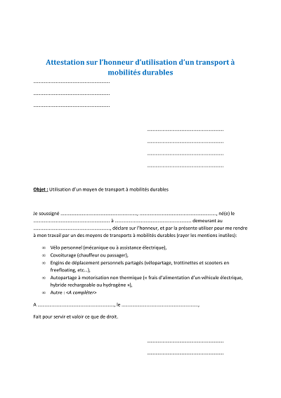 Attestation transport durable - Modèle attestation pour transports durables dont covoiturage