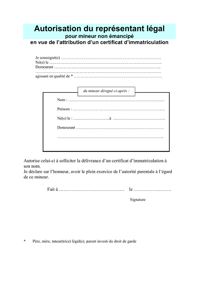 Autorisation carte grise - Autorisation du représentant légal pour certificat d’immatriculation