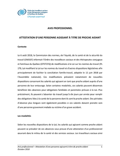Avis pro aidant - Attestation professionnelle du proche aidant