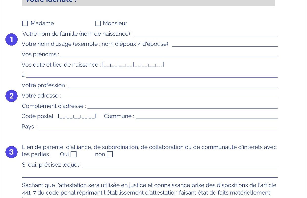 Cerfa 11527*03, attestation de témoin : page 1 annotée avec les cadres à remplir