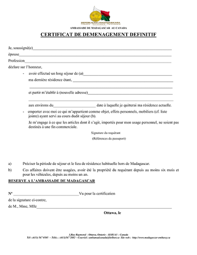 Certif. déménagement - Certificat de déménagement pour ambassade Cameroun