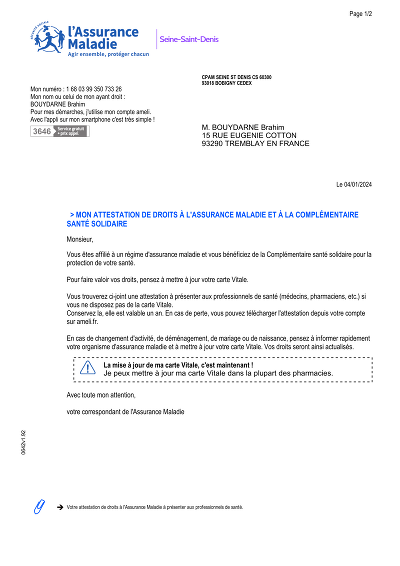 Certif droits CPAM - Attestation des droits à l’Assurance Maladie