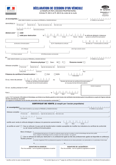 Certificat cession - Déclaration de cession vente ou destruction véhicule