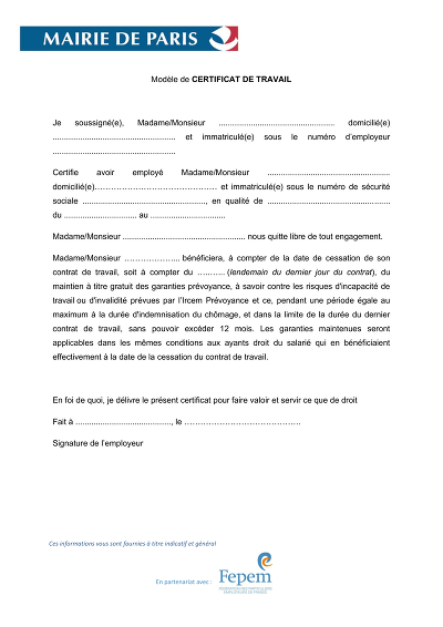 Certificat et prévoyance - Certificat de travail mentionnant libre engagement et garanties prévoyance