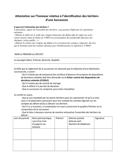 Certificat hérédité - Attestation sur l’identification des héritiers
