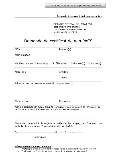Certificat non PACS - Formulaire de demande d’un certificat de non-PACS