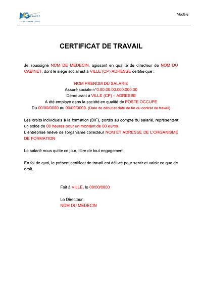 Certificat travail médical - Certificat de travail médical incluant « libre de tout engagement »